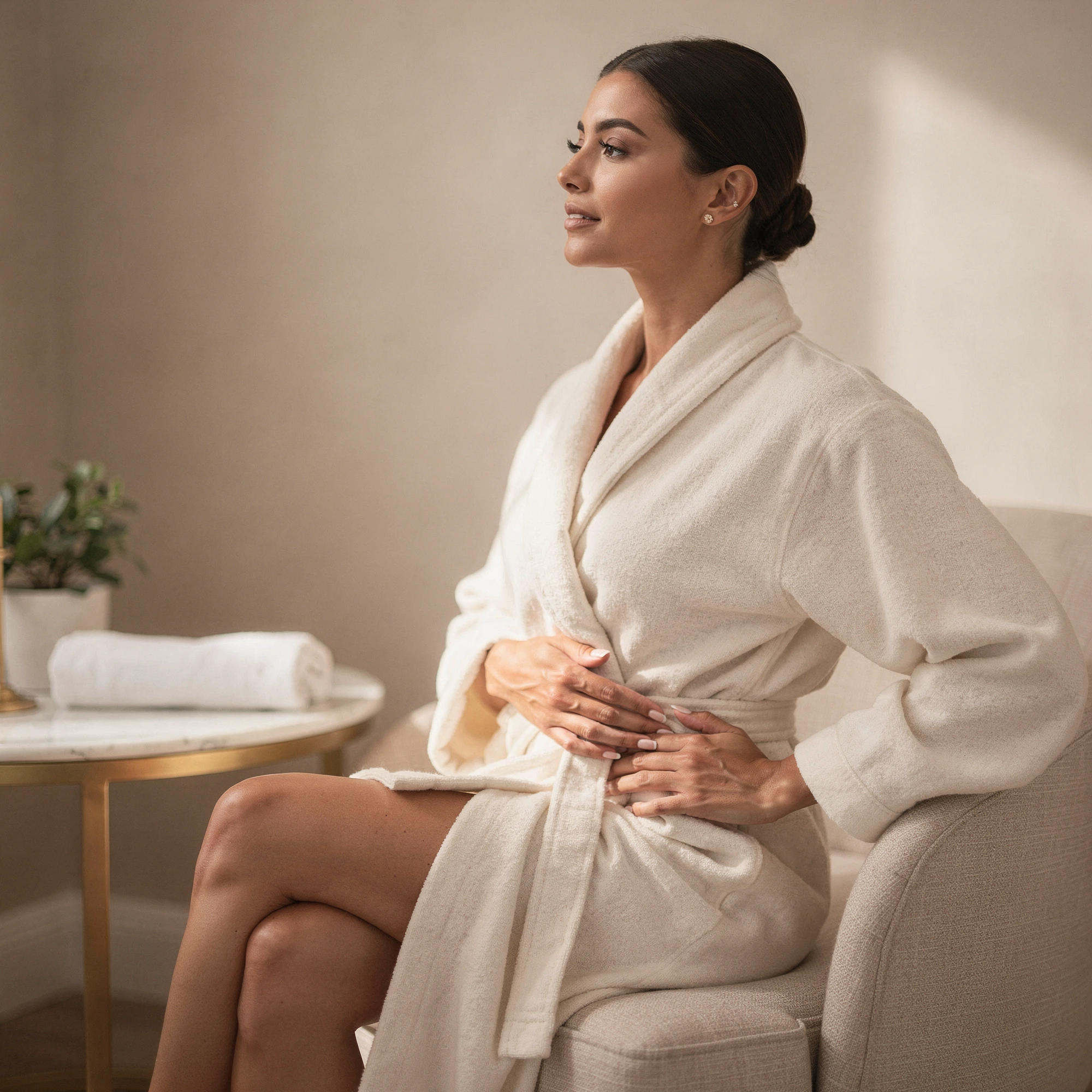Woman in a robe sitting and holding her chest after breast implant removal